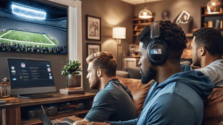 Three men in casual attire sit on a brown leather couch, watching an NFL game on a large screen. One man uses a laptop, possibly analyzing NFL strategy, another wears headphones, and the third is focused on the TV.