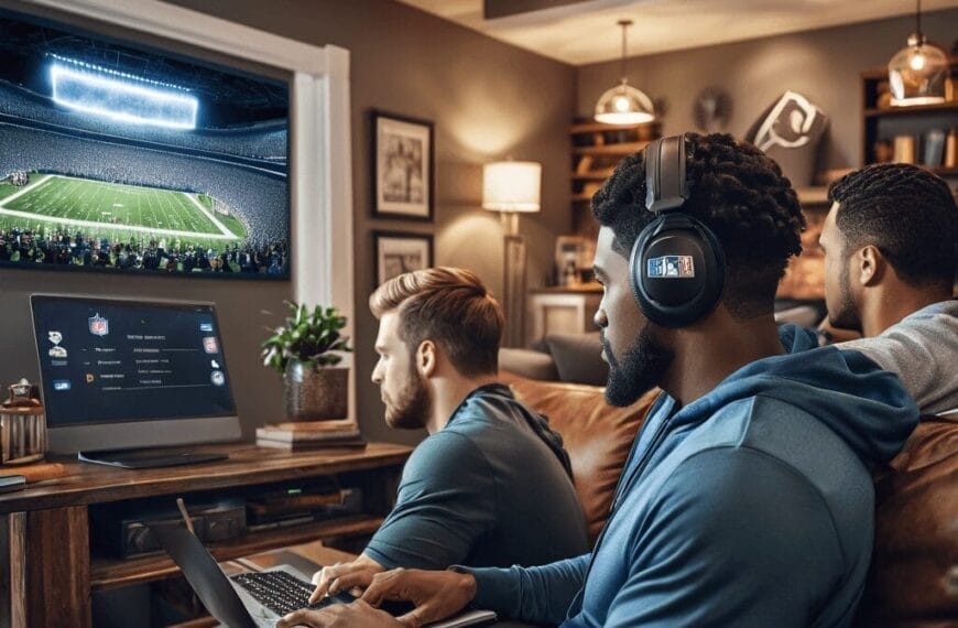 Three men in casual attire sit on a brown leather couch, watching an NFL game on a large screen. One man uses a laptop, possibly analyzing NFL strategy, another wears headphones, and the third is focused on the TV.