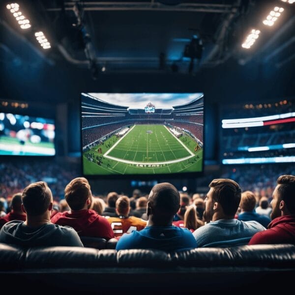 In a dimly lit room, people seated on a couch watch a large screen showcasing a football stadium scene, evoking the excitement of classic NFL eras.