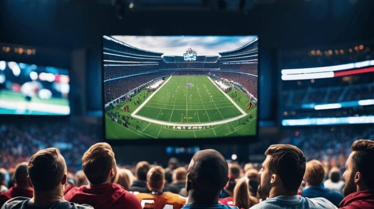 People sitting in a theater watching a football game on a large screen. The screen shows a view of an NFL era football field in a stadium filled with spectators.