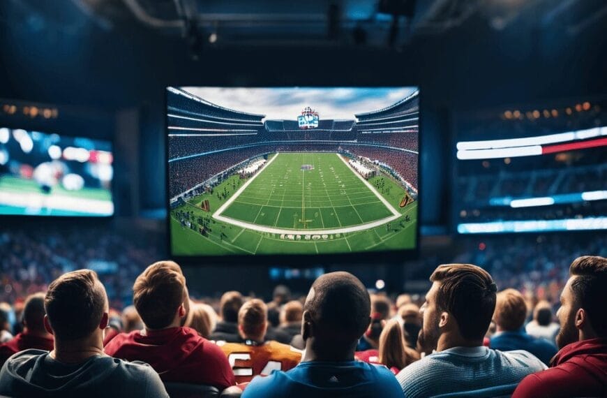 In a dimly lit room, people seated on a couch watch a large screen showcasing a football stadium scene, evoking the excitement of classic NFL eras.