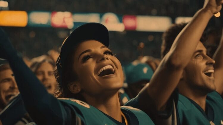 A woman in a blue sports jersey and cap smiles and cheers with others at a stadium during a night event, embodying the excitement and camaraderie of sports fan culture.