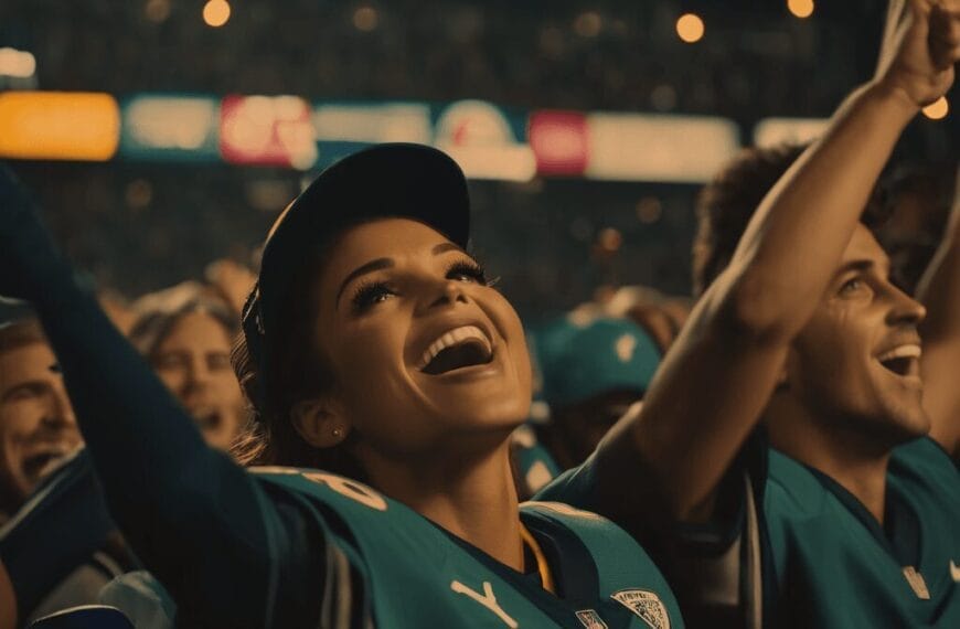 A woman in a blue sports jersey and cap smiles and cheers with others at a stadium during a night event, embodying the excitement and camaraderie of sports fan culture.