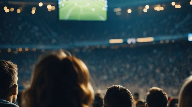 A large crowd watches a soccer match at an illuminated stadium, with the game being displayed on a giant screen above the field.