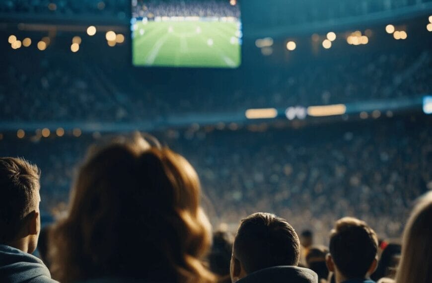 A large crowd watches a soccer match at an illuminated stadium, with the game being displayed on a giant screen above the field.