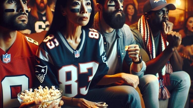 A group of NFL fans wearing team jerseys and face paint intently watch a game on a TV in a cozy room, holding a bowl of popcorn.