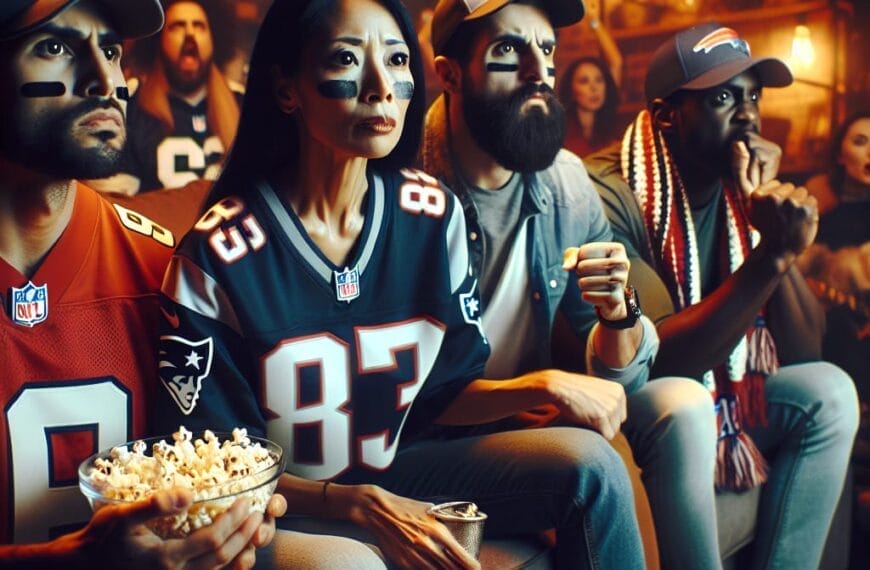 A group of NFL fans wearing team jerseys and face paint intently watch a game on a TV in a cozy room, holding a bowl of popcorn.