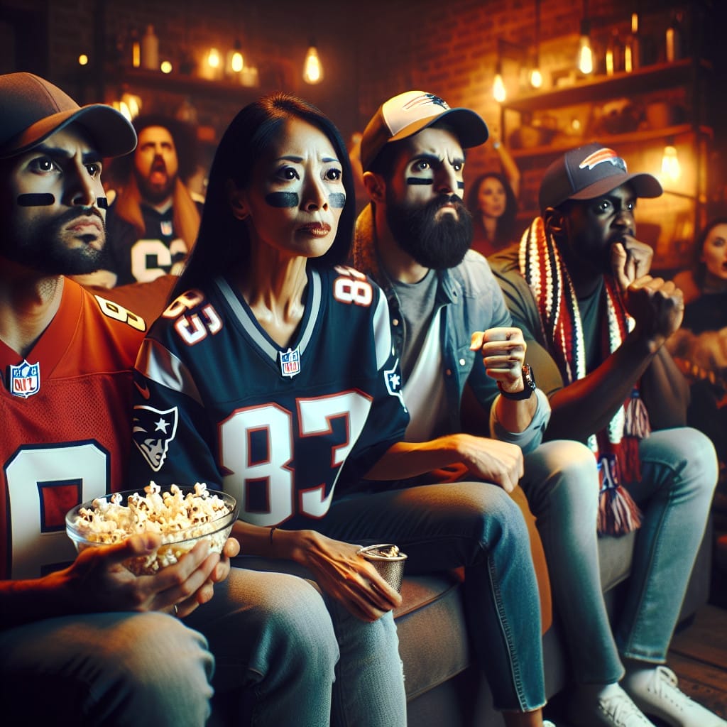 A group of NFL fans wearing team jerseys and face paint intently watch a game on a TV in a cozy room, holding a bowl of popcorn.