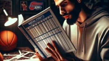 A man in a hoodie reads a baseball statistics book under a desk lamp, surrounded by sports memorabilia and a basketball on the desk, clearly an avid NBA fan.