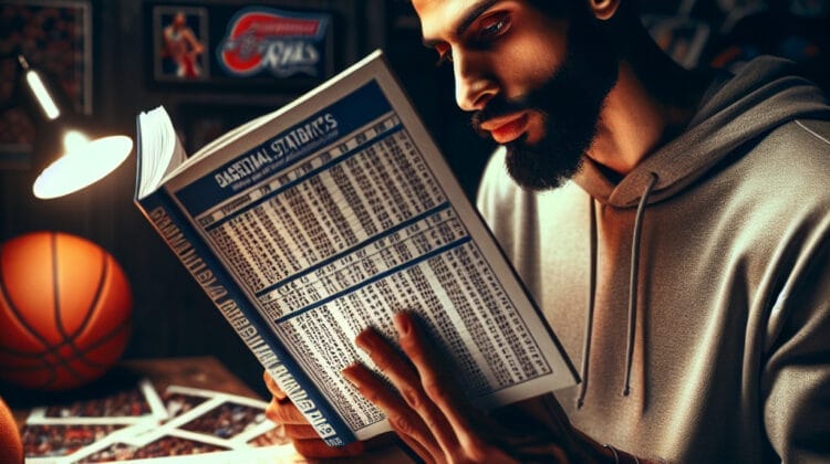 A man in a hoodie reads a baseball statistics book under a desk lamp, surrounded by sports memorabilia and a basketball on the desk, clearly an avid NBA fan.