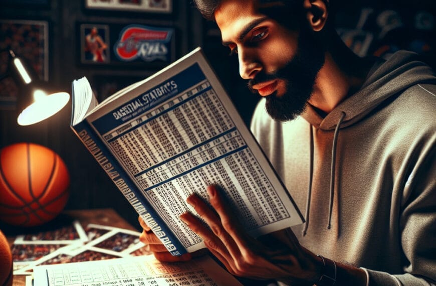 A man in a hoodie reads a baseball statistics book under a desk lamp, surrounded by sports memorabilia and a basketball on the desk, clearly an avid NBA fan.