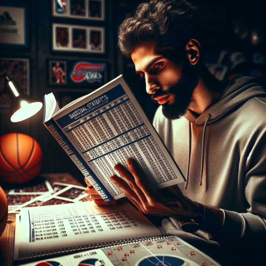 A man in a hoodie reads a baseball statistics book under a desk lamp, surrounded by sports memorabilia and a basketball on the desk, clearly an avid NBA fan.