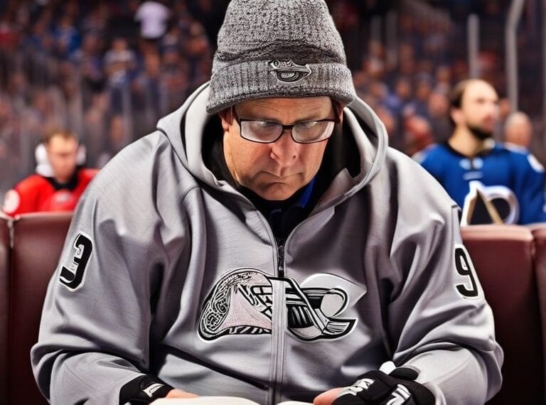 A man wearing glasses, a beanie, and a sports jacket with the number 93 sits in a crowded sports arena, focused on reading a book. This avid NHL fan appears to be enhancing his Hockey IQ even amidst the game's excitement.