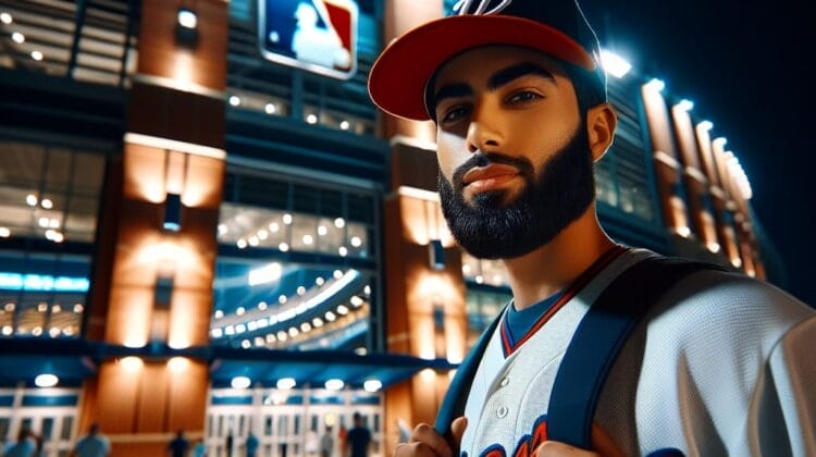 A man wearing a baseball cap and jersey stands outside a brightly lit stadium at night, eagerly discussing the game with fellow MLB experts.