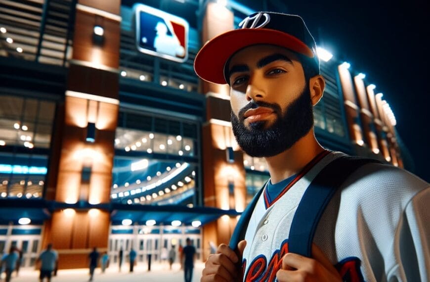 A man wearing a baseball cap and jersey stands outside a brightly lit stadium at night, eagerly discussing the game with fellow MLB experts.