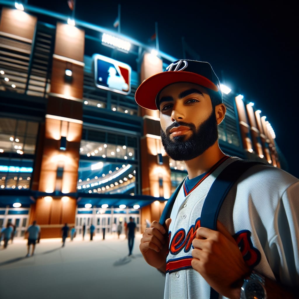 A man wearing a baseball cap and jersey stands outside a brightly lit stadium at night, eagerly discussing the game with fellow MLB experts.