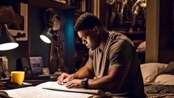 A man sits at a desk in a dimly lit room, reading a large book next to a glowing desk lamp. The room is filled with bookshelves, posters, and memorabilia as he strives to master the playbook.