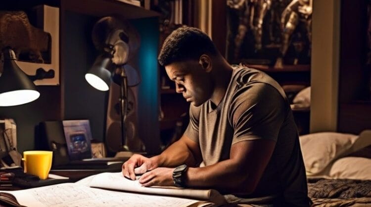 A man sits at a desk in a dimly lit room, reading a large book next to a glowing desk lamp. The room is filled with bookshelves, posters, and memorabilia as he strives to master the playbook.