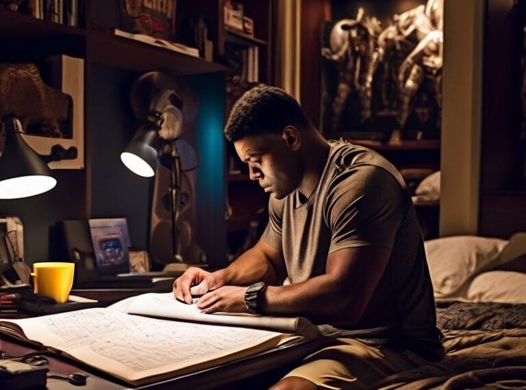 A man sits at a desk in a dimly lit room, reading a large book next to a glowing desk lamp. The room is filled with bookshelves, posters, and memorabilia as he strives to master the playbook.