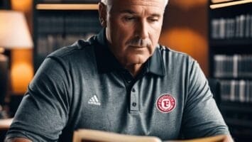 A man in a grey polo shirt with a red logo reads a book in a library, surrounded by shelves filled with books, possibly researching the rules of the CFL.