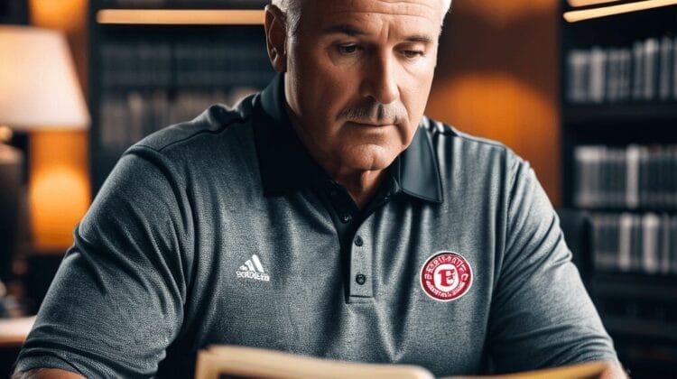 A man in a grey polo shirt with a red logo reads a book in a library, surrounded by shelves filled with books, possibly researching the rules of the CFL.