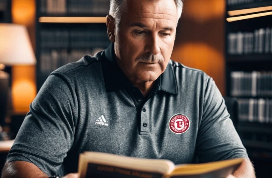 A man in a grey polo shirt with a red logo reads a book in a library, surrounded by shelves filled with books, possibly researching the rules of the CFL.