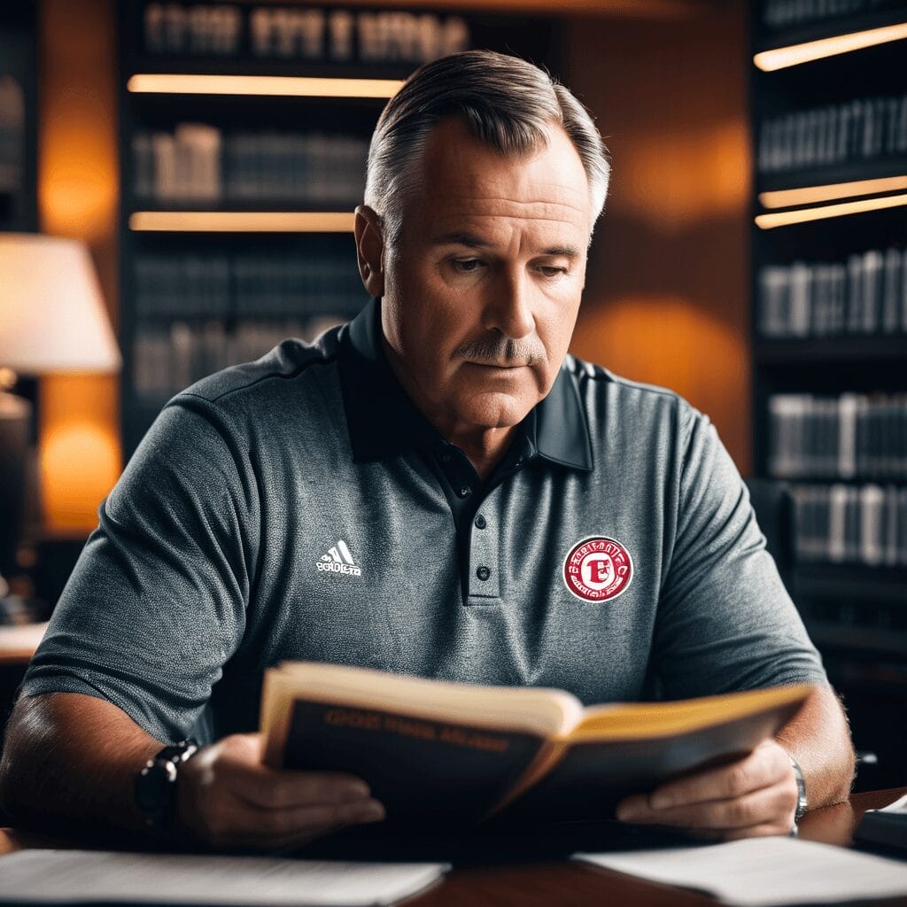 A man in a grey polo shirt with a red logo reads a book in a library, surrounded by shelves filled with books, possibly researching the rules of the CFL.