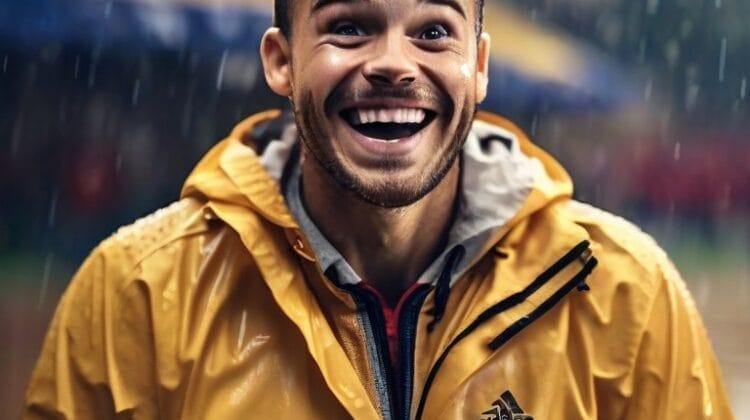 A sports superfan wearing a yellow rain jacket smiles widely while standing outside in a rain shower.