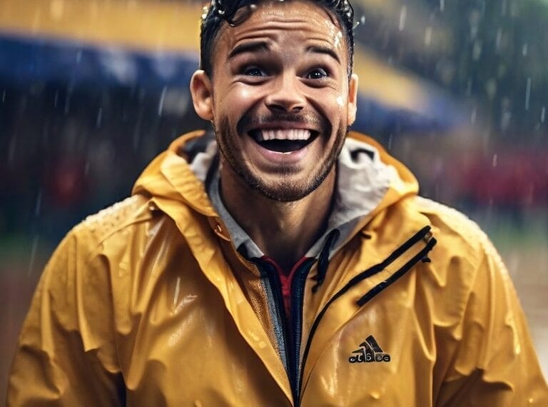 A sports superfan wearing a yellow rain jacket smiles widely while standing outside in a rain shower.