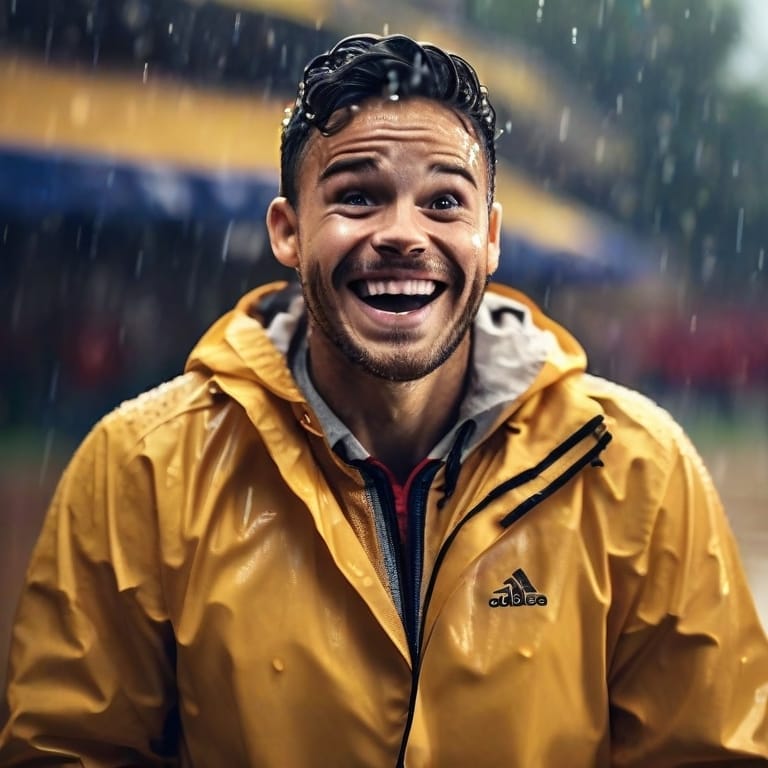 A sports superfan wearing a yellow rain jacket smiles widely while standing outside in a rain shower.