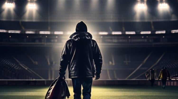 A person in a hoodie walks alone on a lit football field at night, carrying a helmet, perhaps deep in thought analyzing an NFL quarterback’s strategies.