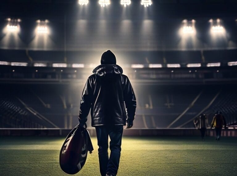 A person in a hoodie walks alone on a lit football field at night, carrying a helmet, perhaps deep in thought analyzing NFL quarterback’s strategies.