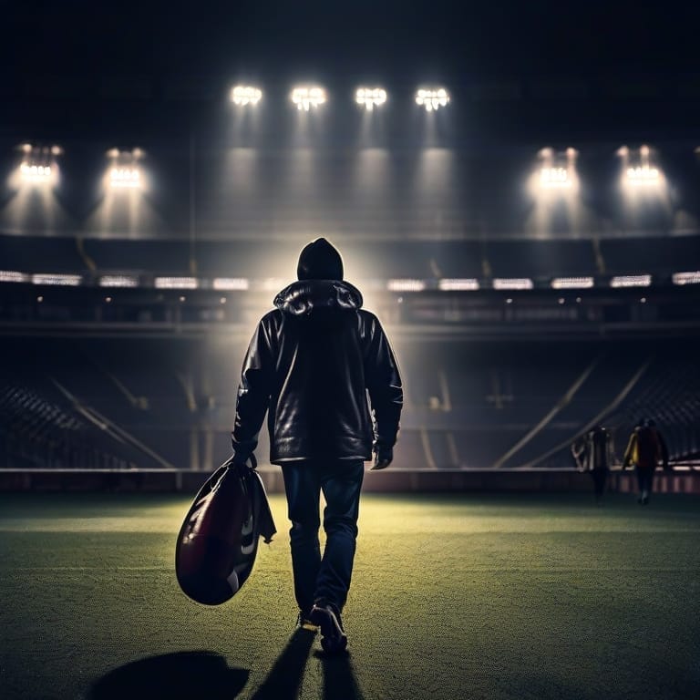 A person in a hoodie walks alone on a lit football field at night, carrying a helmet, perhaps deep in thought analyzing an NFL quarterback’s strategies.