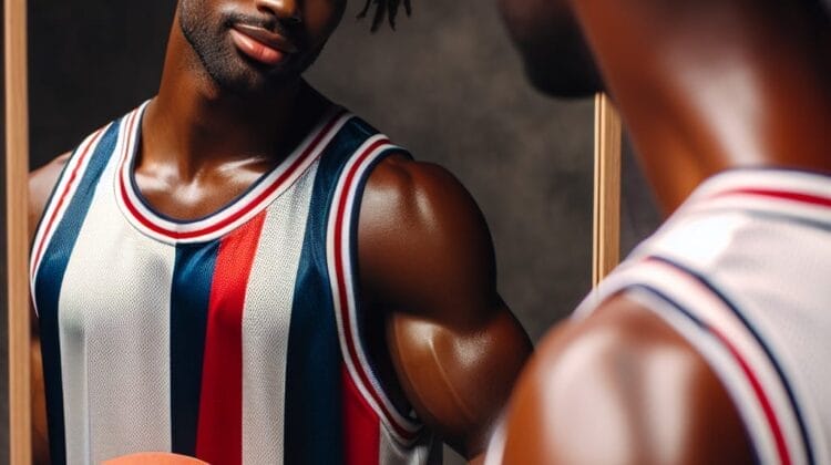 A person holding a basketball stands in front of a mirror, wearing a striped basketball jersey reminiscent of those seen in the NBA.