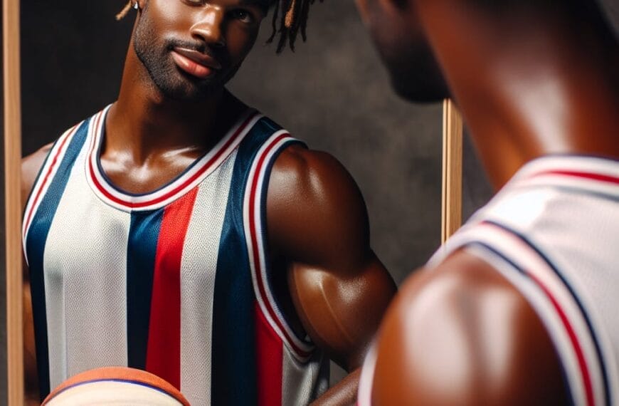 A person holding a basketball stands in front of a mirror, wearing a striped basketball jersey reminiscent of those seen in the NBA.