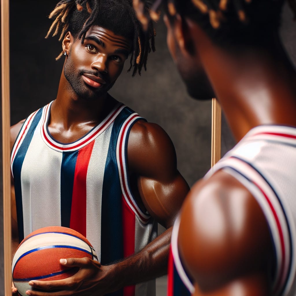 A person holding a basketball stands in front of a mirror, wearing a striped basketball jersey reminiscent of those seen in the NBA.