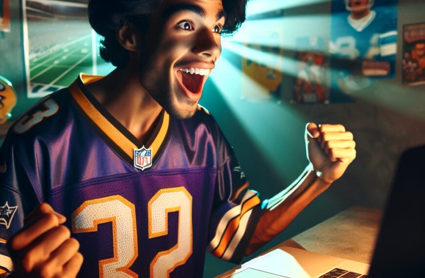 A person wearing a football jersey cheers excitedly in front of a laptop while watching an NFL game. The room, adorned with sports posters and memorabilia, captures the essence of modern football fervor.