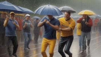 A group of people walk on a wet wooden pathway in heavy rain, holding umbrellas. Two men in the foreground, casual sports fans wearing yellow and blue outfits, laugh and appear to be running.