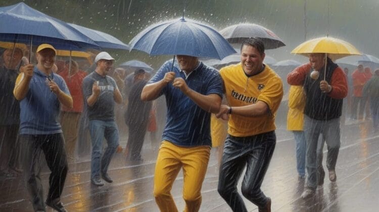 A group of people walk on a wet wooden pathway in heavy rain, holding umbrellas. Two men in the foreground, casual sports fans wearing yellow and blue outfits, laugh and appear to be running.