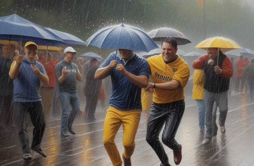 A group of people walk on a wet wooden pathway in heavy rain, holding umbrellas. Two men in the foreground, casual sports fans wearing yellow and blue outfits, laugh and appear to be running.