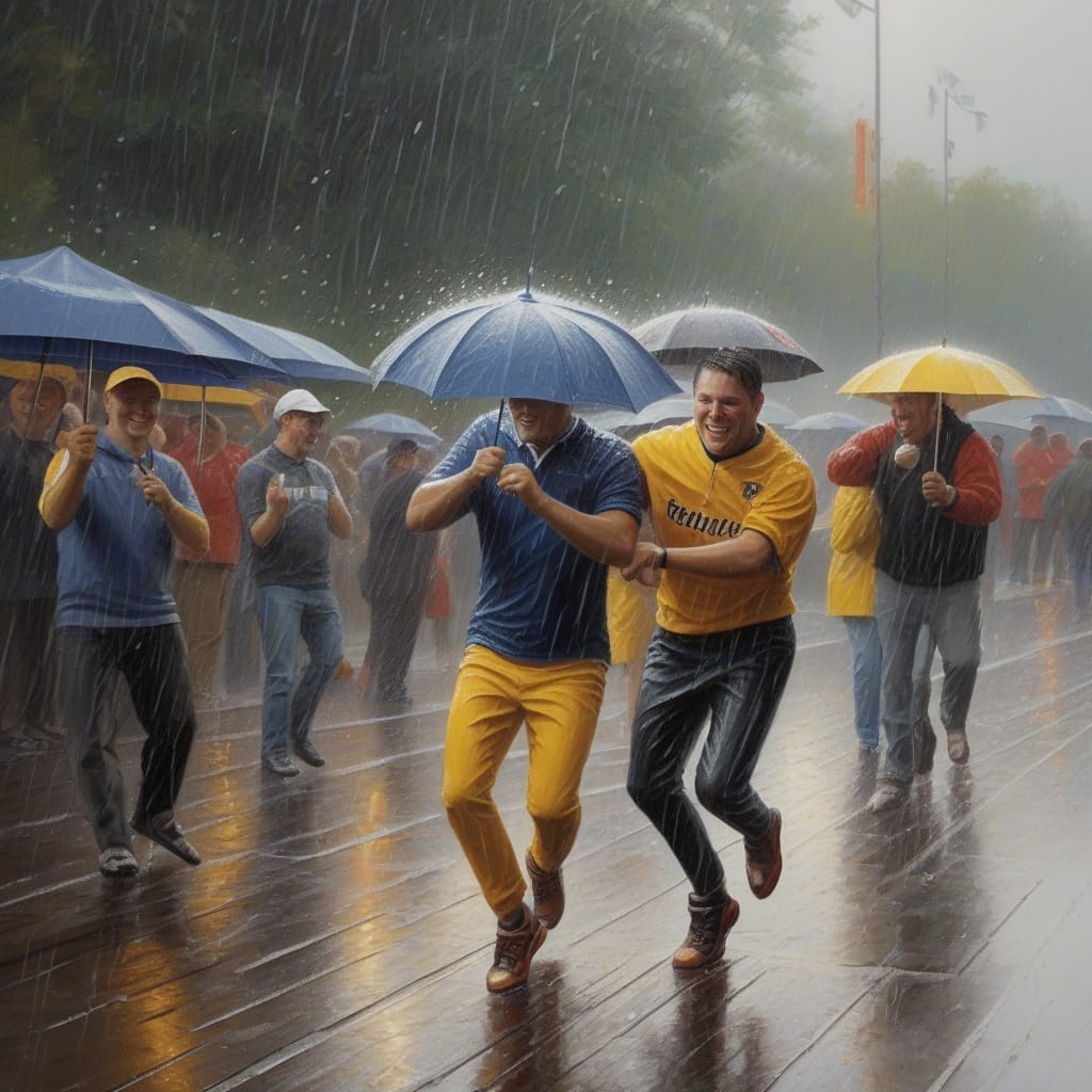 A group of people walk on a wet wooden pathway in heavy rain, holding umbrellas. Two men in the foreground, casual sports fans wearing yellow and blue outfits, laugh and appear to be running.