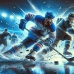 Illustration of an intense ice hockey game in action, with players in blue and black uniforms skating toward the puck. The background shows a lit-up rink with the crowd blurred in the distance, capturing the physical demands that make NHL hockey one of the toughest sports.