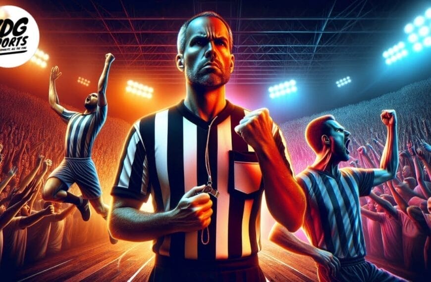 A referee stands in the center of a lively stadium, with two other referees in action poses nearby, under bright stadium lights. The logo "VDG Sports" is displayed in the top left corner, capturing the human side of officiating and highlighting referees' emotions.