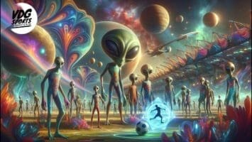 A group of aliens with colorful patterns on their bodies stand on an alien planet. One alien is encapsulated in a glowing field, near a soccer ball, hinting at the global sport's universal appeal. Planetary bodies and a spaceport are in the background.