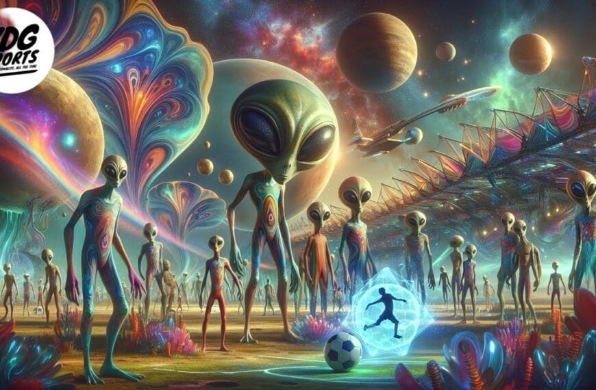 A group of aliens with colorful patterns on their bodies stand on an alien planet. One alien is encapsulated in a glowing field, near a soccer ball, hinting at the global sport's universal appeal. Planetary bodies and a spaceport are in the background.