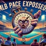 An illustration of a baseball stadium features an exaggerated stopwatch face holding a clock. The text announces "MLB Pace Exposed!" as spectators enjoy an MLB game in progress, highlighting the conversation around MLB game speed.