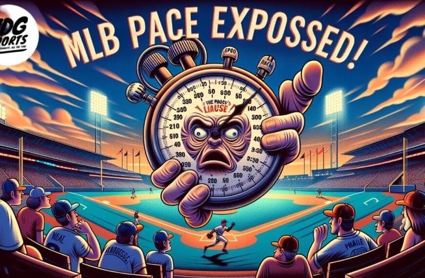 An illustration of a baseball stadium features an exaggerated stopwatch face holding a clock. The text announces "MLB Pace Exposed!" as spectators enjoy an MLB game in progress, highlighting the conversation around MLB game speed.