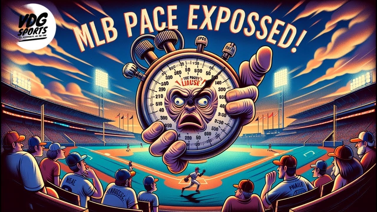 An illustration of a baseball stadium features an exaggerated stopwatch face holding a clock. The text announces "MLB Pace Exposed!" as spectators enjoy an MLB game in progress, highlighting the conversation around MLB game speed.