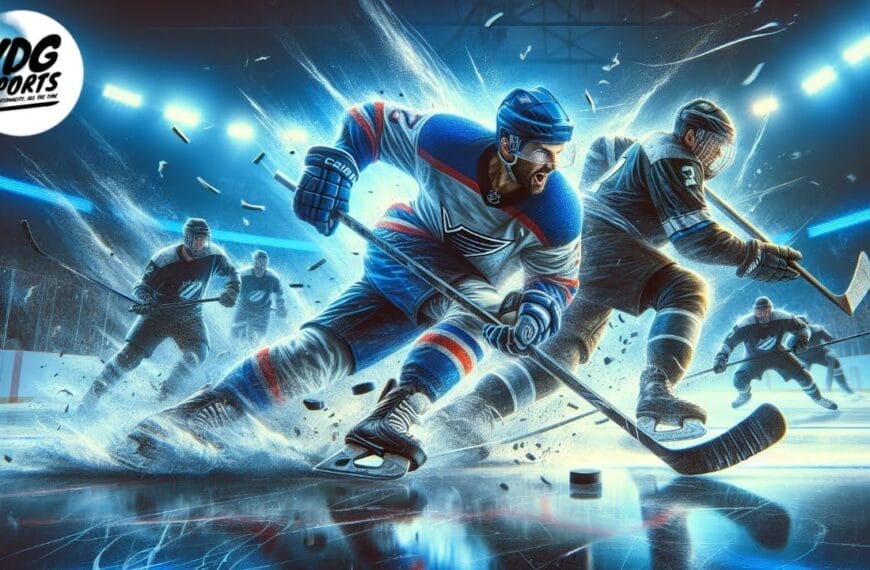 Illustration of an intense ice hockey game in action, with players in blue and black uniforms skating toward the puck. The background shows a lit-up rink with the crowd blurred in the distance, capturing the physical demands that make NHL hockey one of the toughest sports.