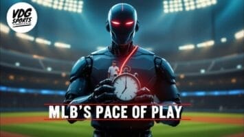 A futuristic robot holds a stopwatch in a baseball stadium, highlighting MLB game speed. A small baseball player stands atop the stopwatch under bright stadium lights. "MLB'S PACE OF PLAY" appears in bold white letters, with the VDG Sports logo at the top left.